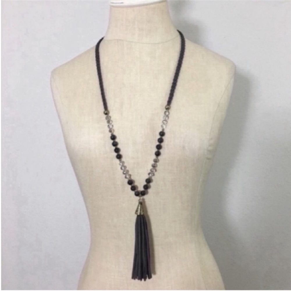 Elegant Black and Gold Beaded Necklace with Tassel